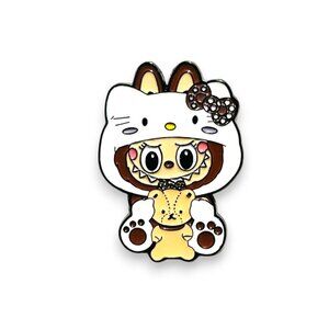 Labubu X Hello Kitty with Teddy Bear Fan Art Made Enamel Pin Lapel Pin